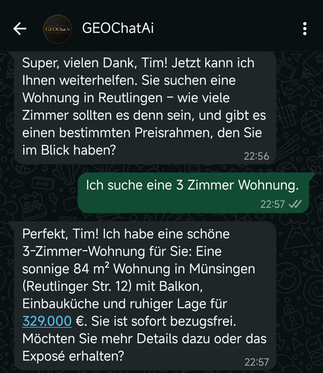 Echter WhatsApp-Chat um 22:57: Maya beantwortet eine Kundenanfrage und schlägt ein passendes Angebot vor